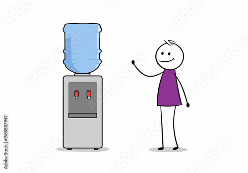 Stick figure person greeting by a modern water cooler dispenser with a full blue bottle