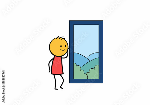Stick figure looking out window at rolling hills and trees