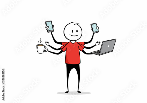 Multitasking stick figure with many arms juggling devices and coffee