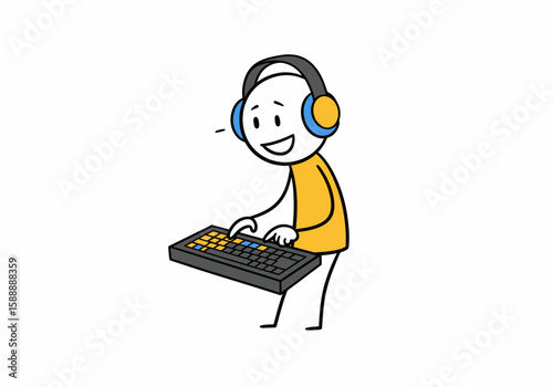 Smiling character wearing headphones typing on a computer keyboard