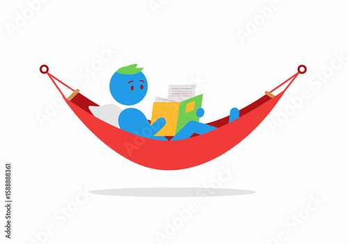 Cartoon character relaxing in a red hammock reading a book on vacation