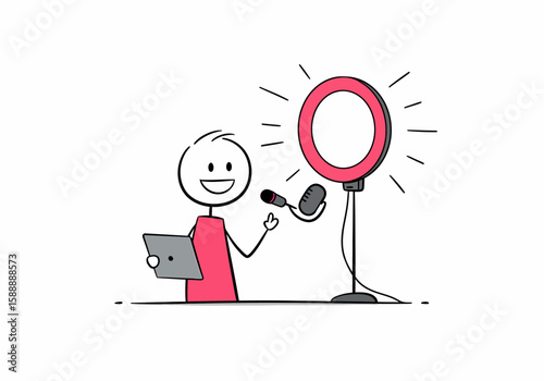 Stick figure vlogger recording video with ring light and microphone