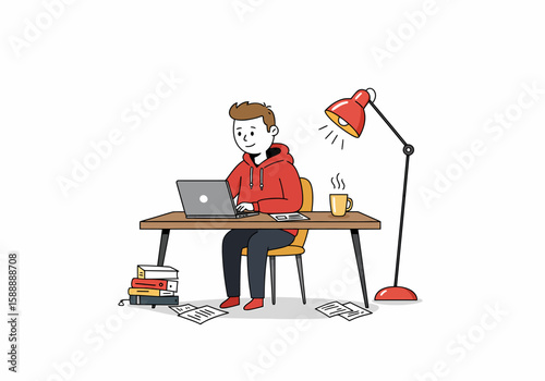 Young man working remotely on his laptop at a desk with books and a lamp