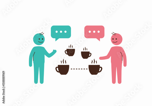 Two people talking over coffee cups illustration