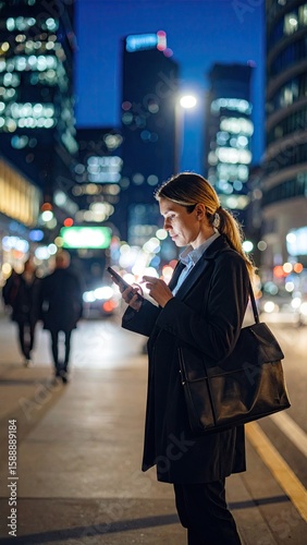 Businesswoman using phone in city at night