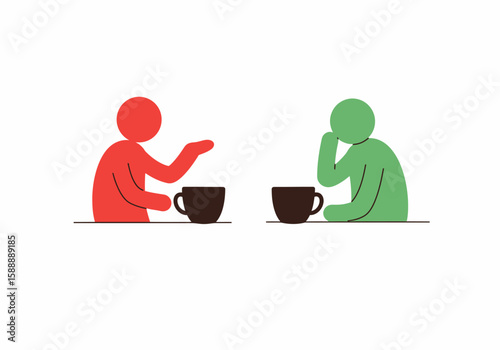 Two stylized people talking over coffee conversation discussion meeting