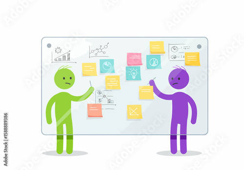 Teamwork and collaboration during a brainstorming session with a whiteboard and sticky notes