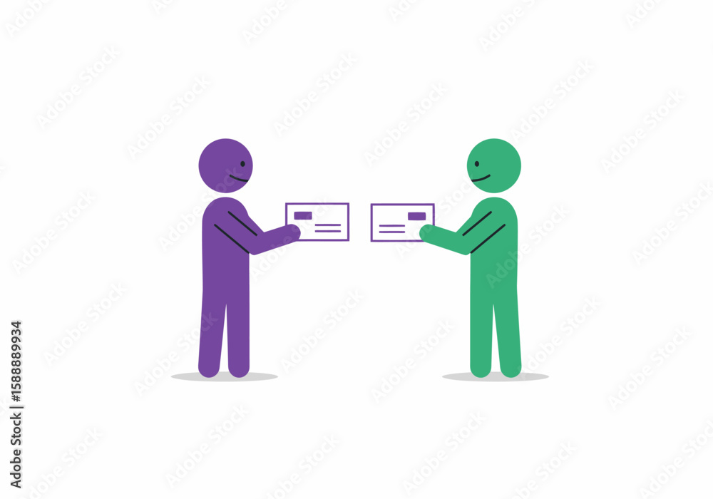 Obraz premium Two stick figures exchanging envelopes representing mail delivery and communication