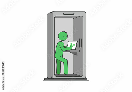 Stick figure working on laptop in modern office phone booth for privacy and focus