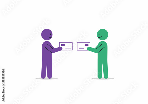 Two stick figures exchanging envelopes representing mail delivery and communication