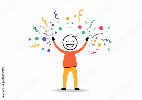 Joyful stick figure man celebrating with colorful confetti and bursts of joy