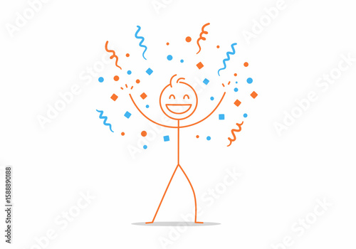 Happy stick figure celebrating with colorful confetti explosion and streamers