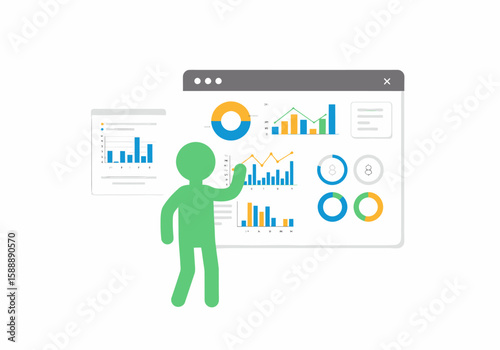 Business analytics dashboard with charts and graphs and a person pointing at it