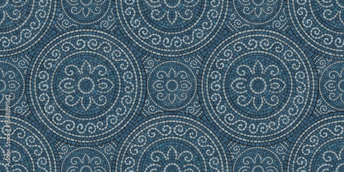 Seamless pattern blue Circular Mosaic. Decorative Antique Stone Ornament.