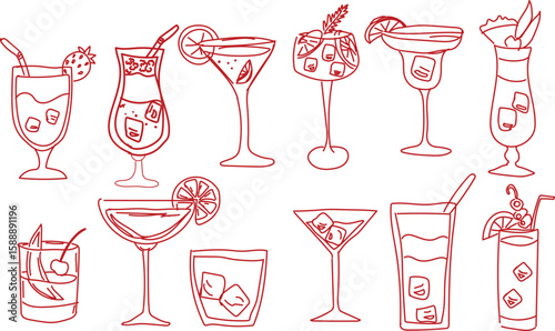  Hand-drawn cocktail party clipart set, trendy outline illustrations of summer drinks, glasses, fruit and party elements in doodle style, vector illustration isolated on white background, summer drink