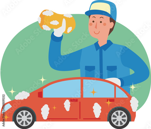 洗車をする男性店員