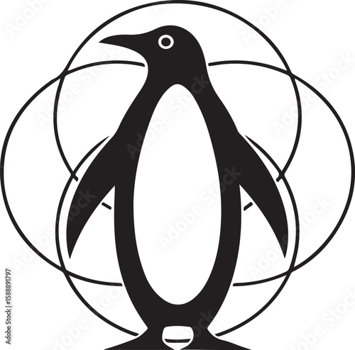 Silhouette of a penguin with abstract circular design in a clean black and white style
