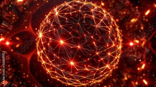 glowing geometric sphere made of red and yellow polygons, smooth rotation, sci-fi background, intricate pattern, perfect loopable animation
