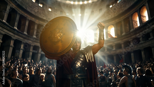 Victorious Roman Gladiator Lifts Arm in Colosseum Arena Light, epic background