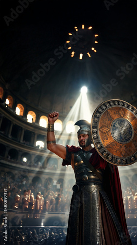 Victorious Roman Gladiator Lifts Arm in Colosseum Arena Light, epic background
