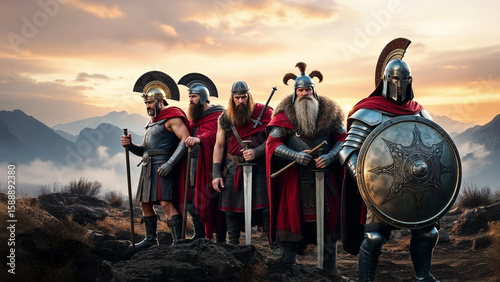 Ancient Warriors of Power in Full Armor and Formation, epic scenic background