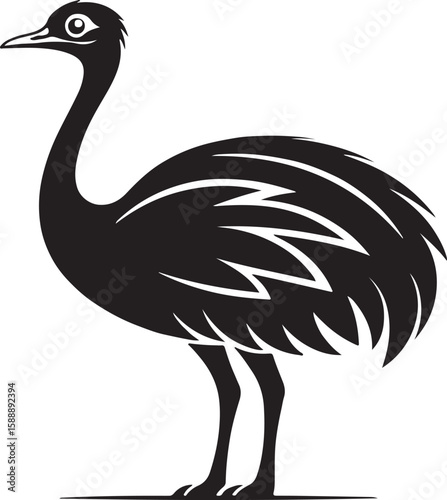 Silhouette of an emu bird in black and white with detailed feather representation