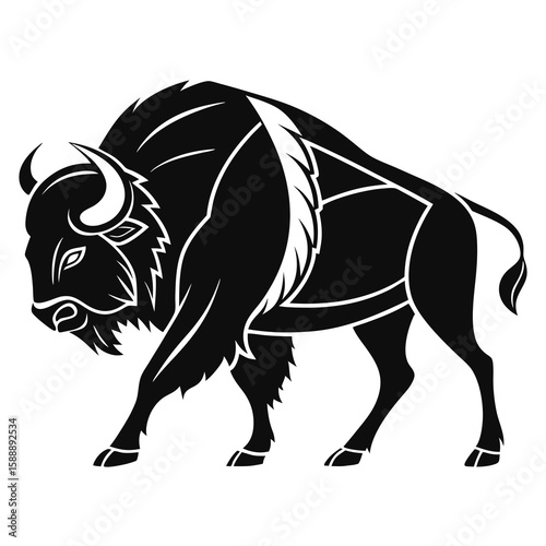 A strong bison in profile, rendered as a striking black and white graphic