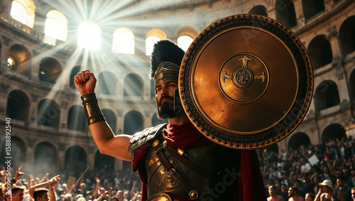 Victorious Roman Gladiator Lifts Arm in Colosseum Arena Light, epic background