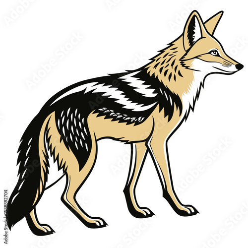 A golden jackal stands in profile on a white background