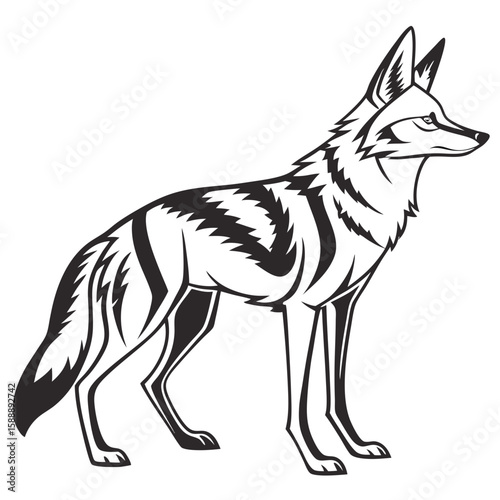 A stylized black and white jackal on a white background