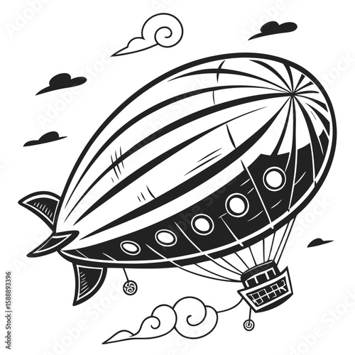 A vintage airship floating among stylized clouds