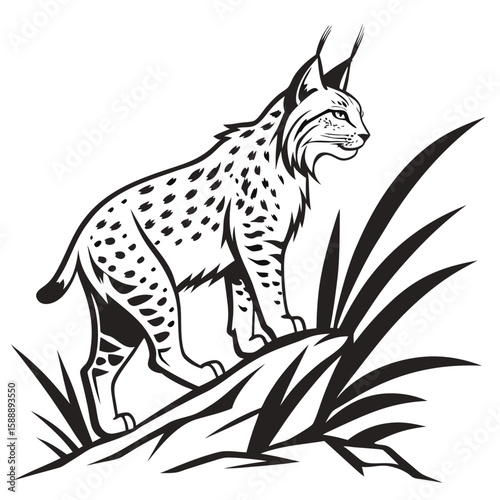 Lynx standing on a rock with grass
