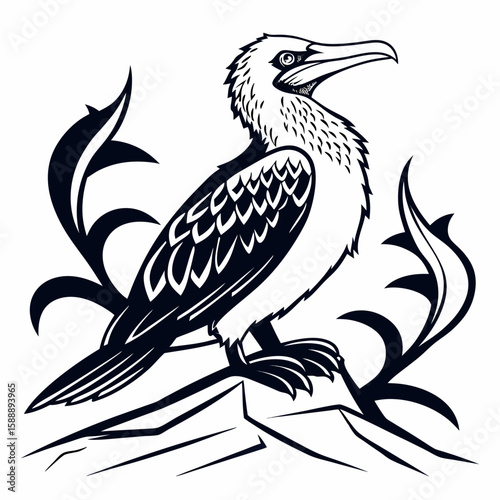 A booby bird perched with decorative foliage