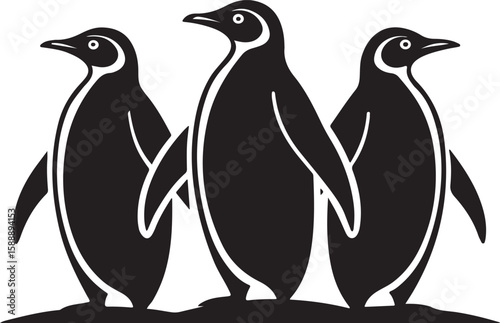 Three monochrome penguins standing together side by side against a white background