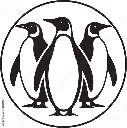 Three stylized penguins standing together inside a black and white circular logo design