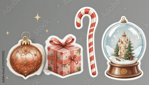 Vintage style , of four festive holiday items: Christmas ornament, wrapped gift box, candy cane, and snow globe