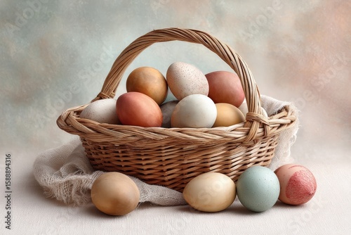 Assorted easter eggs in woven basket on rustic fabric background