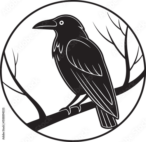 Vector illustration of a black raven perched on a branch within a circular frame