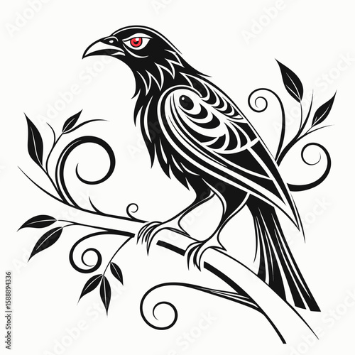 Stylized black bird with red eyes on a branch