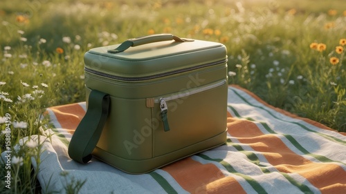 Green cooler bag on picnic blanket in sunny wildflower meadow