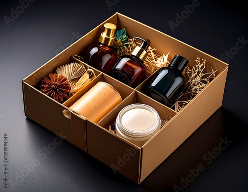 Skincare gift box with cosmetic products – wellness packaging scene
