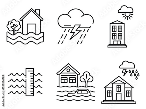Flooding icon set. Contains such as earthquakes, floods, hurricanes, tornadoes and more. Collection of doodle line icons representing various natural disasters. Inundation symbol vector illustration.