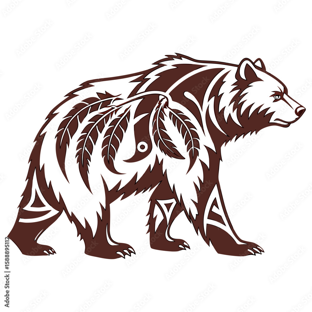 Obraz premium A bear with tribal patterns and feathers walking