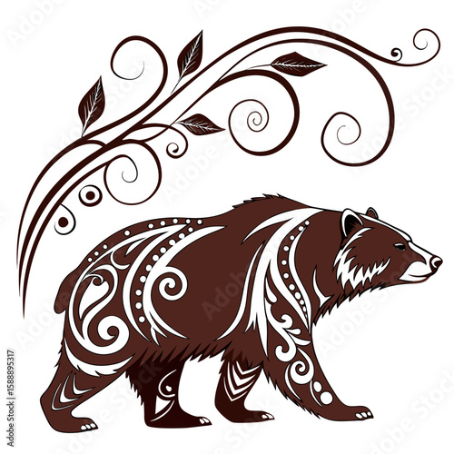 Bear with tribal patterns and decorative vines