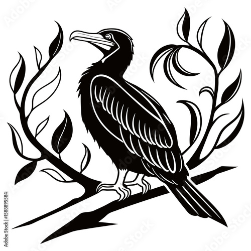 Stylized cormorant perched on a branch with leaves