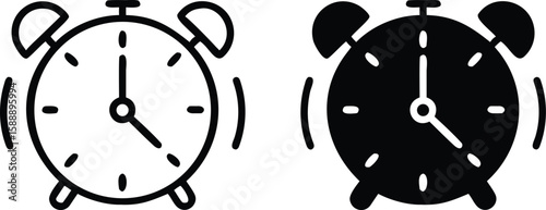 Ringing Alarm Clock Icon Set – Black and White Vector Time Symbols for Wake Up and Reminder