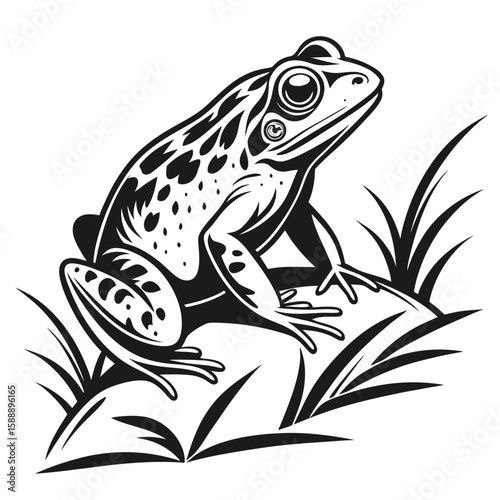 A frog perched on a rock with grass illustration