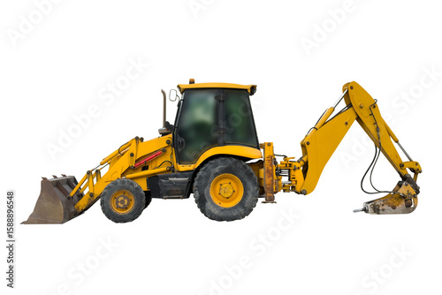 tractor with bucket and drill for crushing asphalt isolated on white background