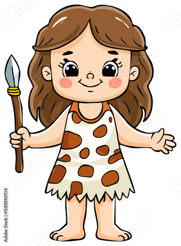 Cute cartoon cavewoman character, isolated 
