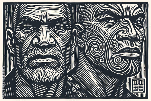 Portraits of two Maori men, an elder and a warrior with a traditional moko tattoo. Vector illustration in a powerful, detailed woodcut style.